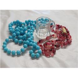 2 BEAD NECKLACES & SHOT GLASS