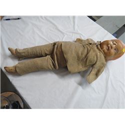 VINTAGE DOLL (BISQUE HEAD), *HAND MADE COSTUME*, *BOTH ARMS MISSING, DAMAGE TO HEAD* *STRAW STUFFING