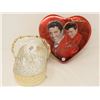 Image 1 : GLASS SERVING DISH (IN METAL HOLDER) & RUSSEL STOVER HEART SHAPED TIN (W/ELVIS PRESLEY MOTIF)