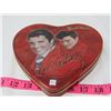 Image 9 : GLASS SERVING DISH (IN METAL HOLDER) & RUSSEL STOVER HEART SHAPED TIN (W/ELVIS PRESLEY MOTIF)