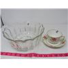 Image 1 : LOT OF 3 - GLASS FRUIT SERVING BOWL (LARGE), TEACUP *SMALL CRACK* & SAUCER (BY PHOENIX IN ENGLAND)