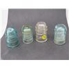 Image 1 : 4 4 GLASS INSULATORS (DOMINION) *1 CLEAR, 3 BLUE* (GLASS IMPERFECTIONS)