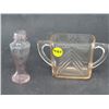 Image 1 : PINK DEPRESSION PRESSED GLASS SALT SHAKER *NO LID*, AMBER COLOR SUGAR BOWL