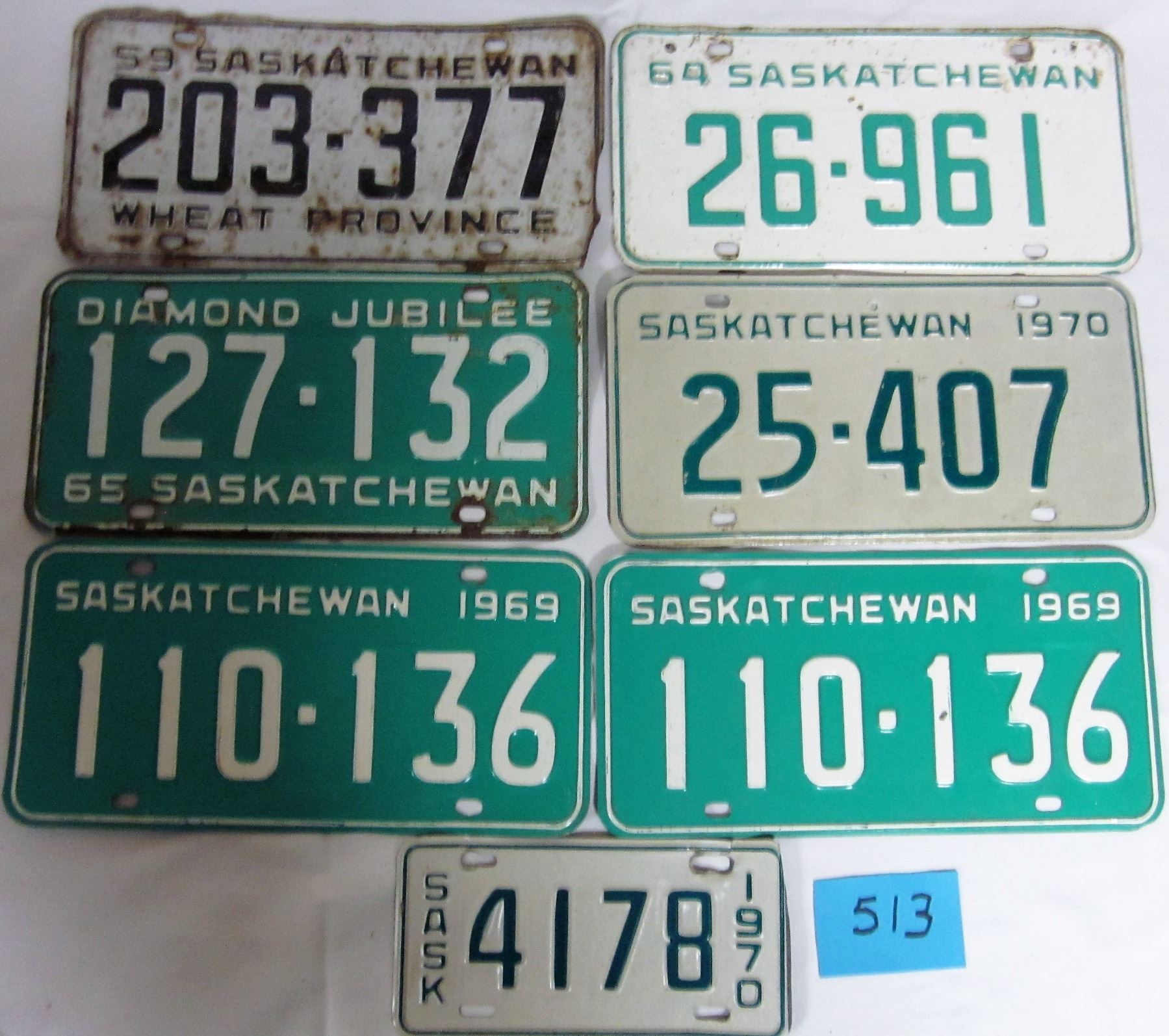 7 SASKATCHEWAN LICENSE PLATES 1959 1970