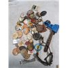 Image 1 : LOT OF NAME BUTTONS, OLD HORSE SPURS, SPIKOT, STOVE HANDLE