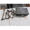 Image 1 : CASH BOX (METAL) W/STOVE CRANKS, HANDLES & TOOLS