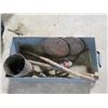 Image 2 : BOX OF WOOD STOVE LIDS (QTY 2), HORSE HAMES, CURRY COMB, ETC.