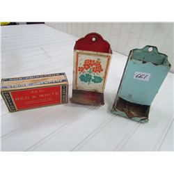 2 VINTAGE MATCH BOX HOLDERS & EMPTY MATCHBOX