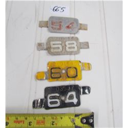 4 BICYCLE TAGS *TIN, W/SERIAL NUMBERS* (1954, 58, 60, 64)