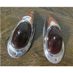 PAIR CHROME TAIL LITES (RED GLASS STAMP 1960s, AUTO LAMP *8"L*)