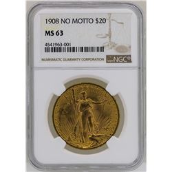1908 No Motto $20 St. Gaudens Double Eagle Gold Coin NGC MS63