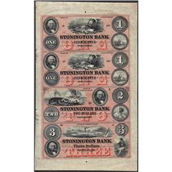 Uncut Sheet of 1800's $1/1/$3/$4 Stonington Bank Obsolete Notes