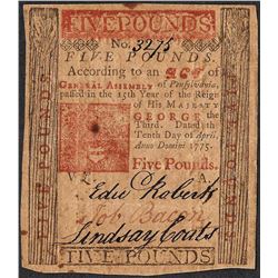 April 10, 1775 Pennsylvania 5 Pounds Colonial Currency Note