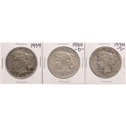 Lot of 1934, 1934-S, & 1934-D $1 Peace Silver Dollar Coins