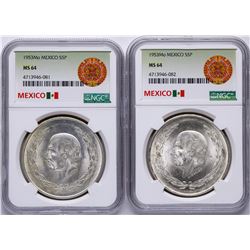 Lot of (2) 1953Mo Mexico 5 Pesos Silver Coins NGC MS64