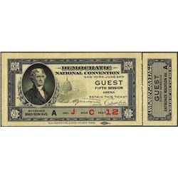 June 24, 1924 Democratic National Convention New York Ticket w/ Detached Stub