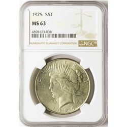 1925 $1 Peace Silver Dollar Coin NGC MS63