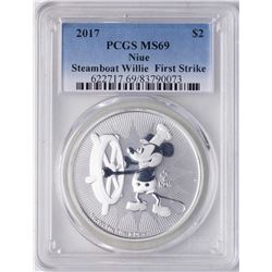 2017 Niue $2 Steamboat Willie Silver Coin PCGS MS69