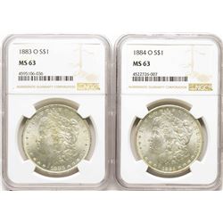 Lot of 1883-O & 1884-O $1 Morgan Silver Dollar Coins NGC MS63