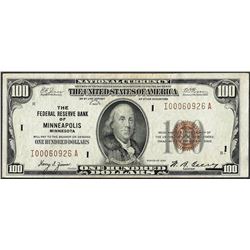 1929 $100 Federal Reserve Bank of Minneapolis Note