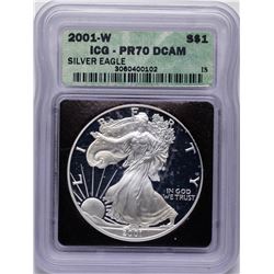 2001-W $1 American Silver Eagle Proof Coin ICG PR70 DCAM