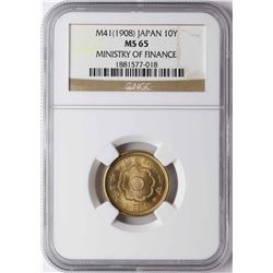 1908 M41 Japan 10 Yen Ministry of Finance Gold Coin NGC MS65