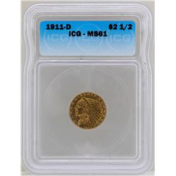 1911-D $2 1/2 Indian Head Quarter Eagle Gold Coin ICG MS61