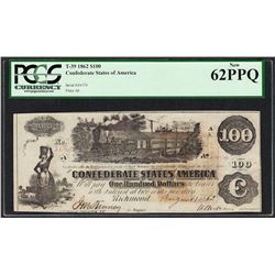 1862 $100 Confederate States of America Note T-39 PCGS New 62PPQ