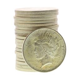 Roll of (20) Brilliant Uncirculated 1922 $1 Peace Silver Dollar Coins