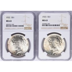 Lot of (2) 1923 $1 Peace Silver Dollar Coins NGC MS63