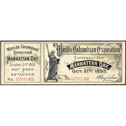 October 21st, 1893 World's Columbian Exposition Ticket with Attached Stub