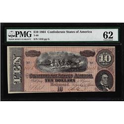 1864 $10 Confederate States of America Note T-68 PMG Uncirculated 62