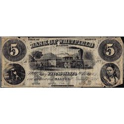 1860 $5 Bank of Whitfield Dalton, GA Obsolete Note