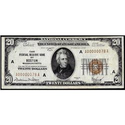 1929 $20 Federal Reserve Bank Note Boston LOW SERIAL Number