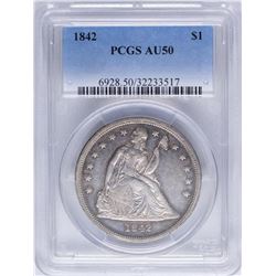 1842 $1 Seated Liberty Silver Dollar Coin PCGS AU50