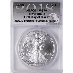 2018 $1 American Silver Eagle Coin ANACS MS70 First Day of Issue