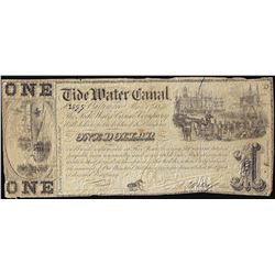 1840 $1 Water Canal Baltimore Obsolete Note