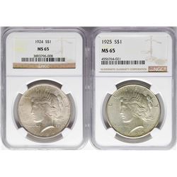 Lot of 1924-1925 $1 Peace Silver Dollar Coins NGC MS65