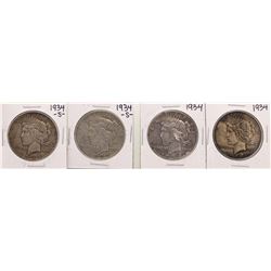 Lot of (2) 1934 & (2) 1934-S $1 Peace Silver Dollar Coins
