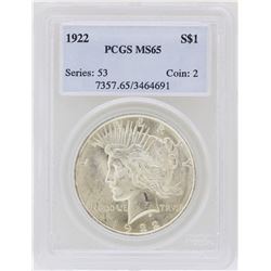 1922 $1 Peace Silver Dollar Coin PCGS MS65