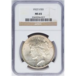 1922-S $1 Peace Silver Dollar Coin NGC MS65