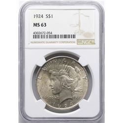 1924 $1 Peace Silver Dollar Coin NGC MS63