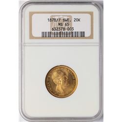 1878/7 Sweden 20 Kronor Gold Coin NGC MS65