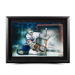 Grant Fuhr Signed Oilers  Save  16x24 Custom Framed Hockey Puck Break Through Display Inscribed  5x 