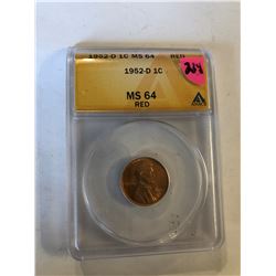 1952 D Lincoln Cent Certified ANACS MS64 RED