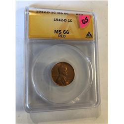 1942 D Lincoln Cent Certified ANACA MS66 RED