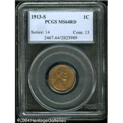 1913-S 1C MS64 Red PCGS. Boldly struck, save for w 1913-S 1C MS64 Red PCGS.