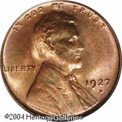 1927-D 1C MS65 Red PCGS. Bright golden-red color w 1927-D 1C MS65 Red PCGS.