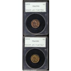 1933 1C MS65 Red PCGS. Two coins. Both are boldly 1933 1C MS65 Red PCGS.
