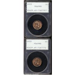 1933 1C MS65 Red PCGS. A pair of Gems, with rich c 1933 1C MS65 Red PCGS.